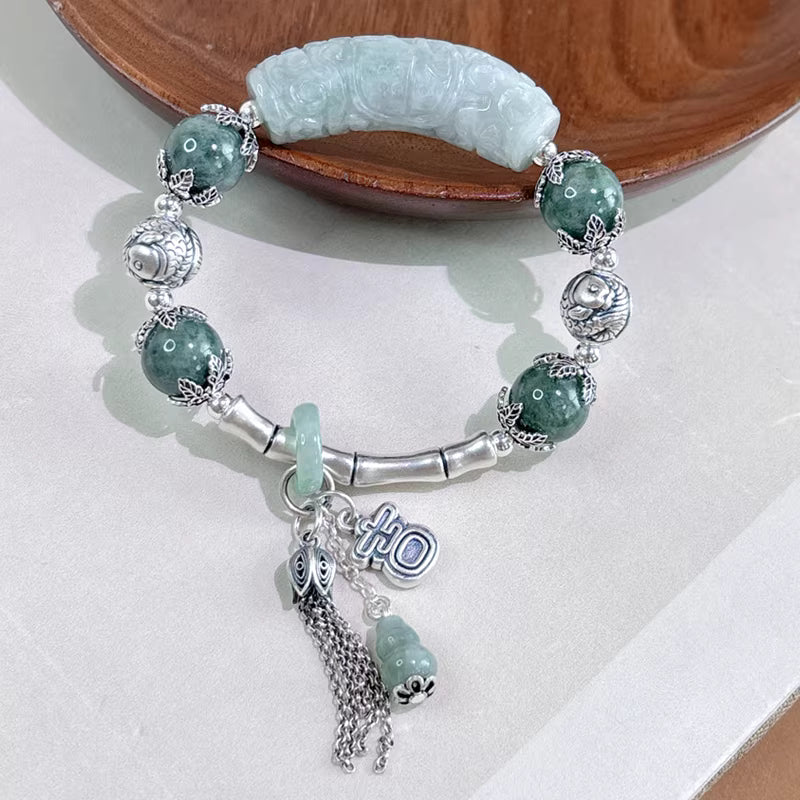 Lucky "Ji" Character Jade Curved Tube Bracelet with Gourd Tassel – Adjustable Feng Shui Design | 999 Sterling Silver