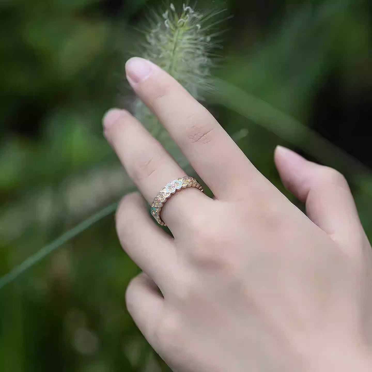 999 Fine Silver Ruyi Cloud & Butterfly Enamel Ring – New Chinese Style Adjustable Silver Ring with Gold Detailing