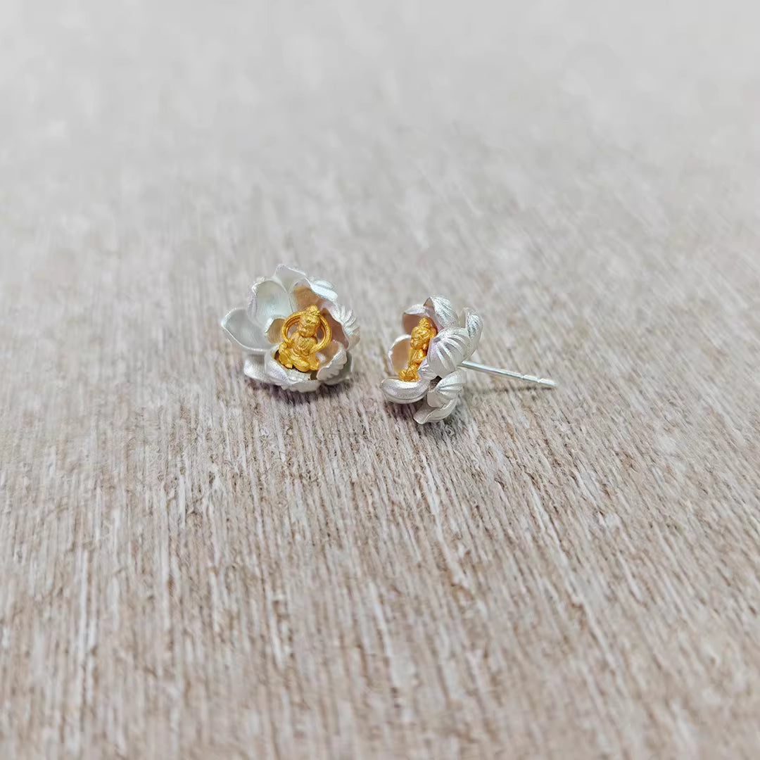 Blooming Buddha Stud Earrings – 12×13mm Handcrafted Silver or Gold-Plated, Original Design