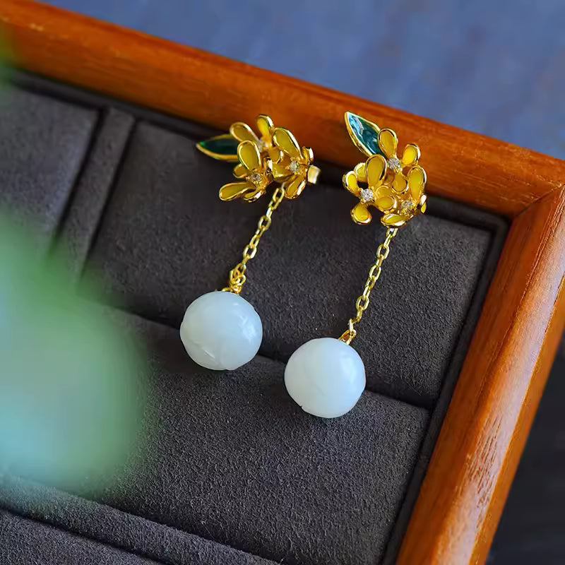 S925 Gold-Plated Silver Osmanthus Flower Hetian Jade Enamel Earrings for Women – Chinese Hanfu Retro Style