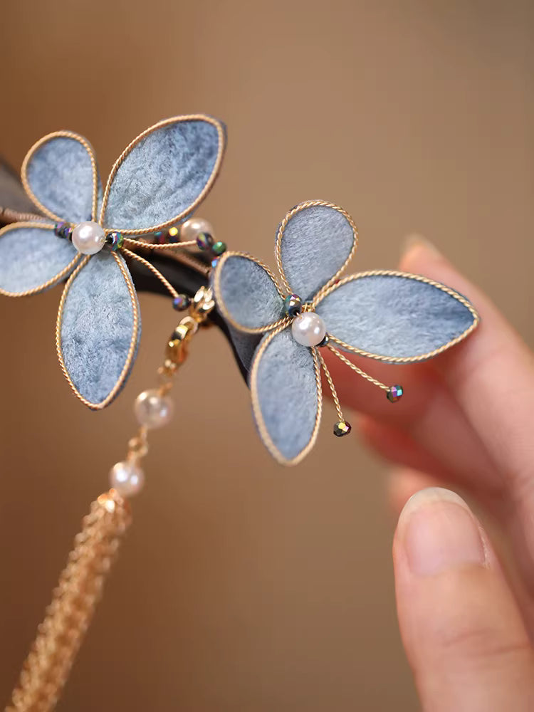 New Chinese Style Black Ebony Hairpin with Blue Velvet Butterfly and Tassel – 18cm Hair Stick, 12cm Tassel, Heritage Craft, Hanfu Accessory