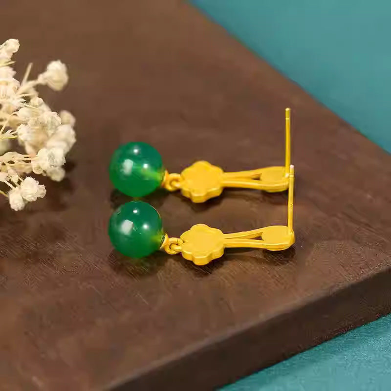 Chinese Enamel Ruyi Cloud Stud Earrings with Natural Green Chalcedony – S925 Silver