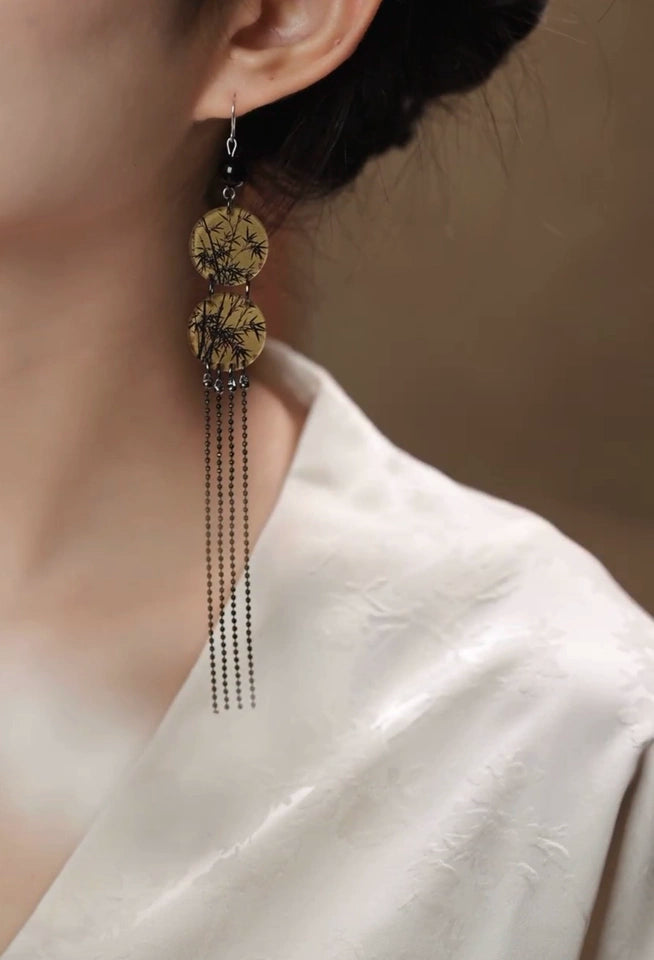 Black and Gold Bamboo Leaf Tassel Earrings – New Chinese Style Guofeng Jewelry