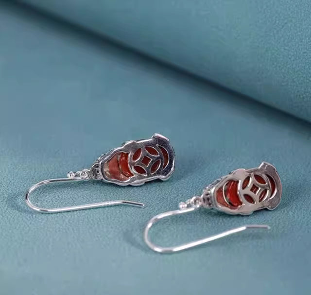 Vintage Pixiu Red Agate Earrings – Chinese Style Lucky Drop Earrings for Women