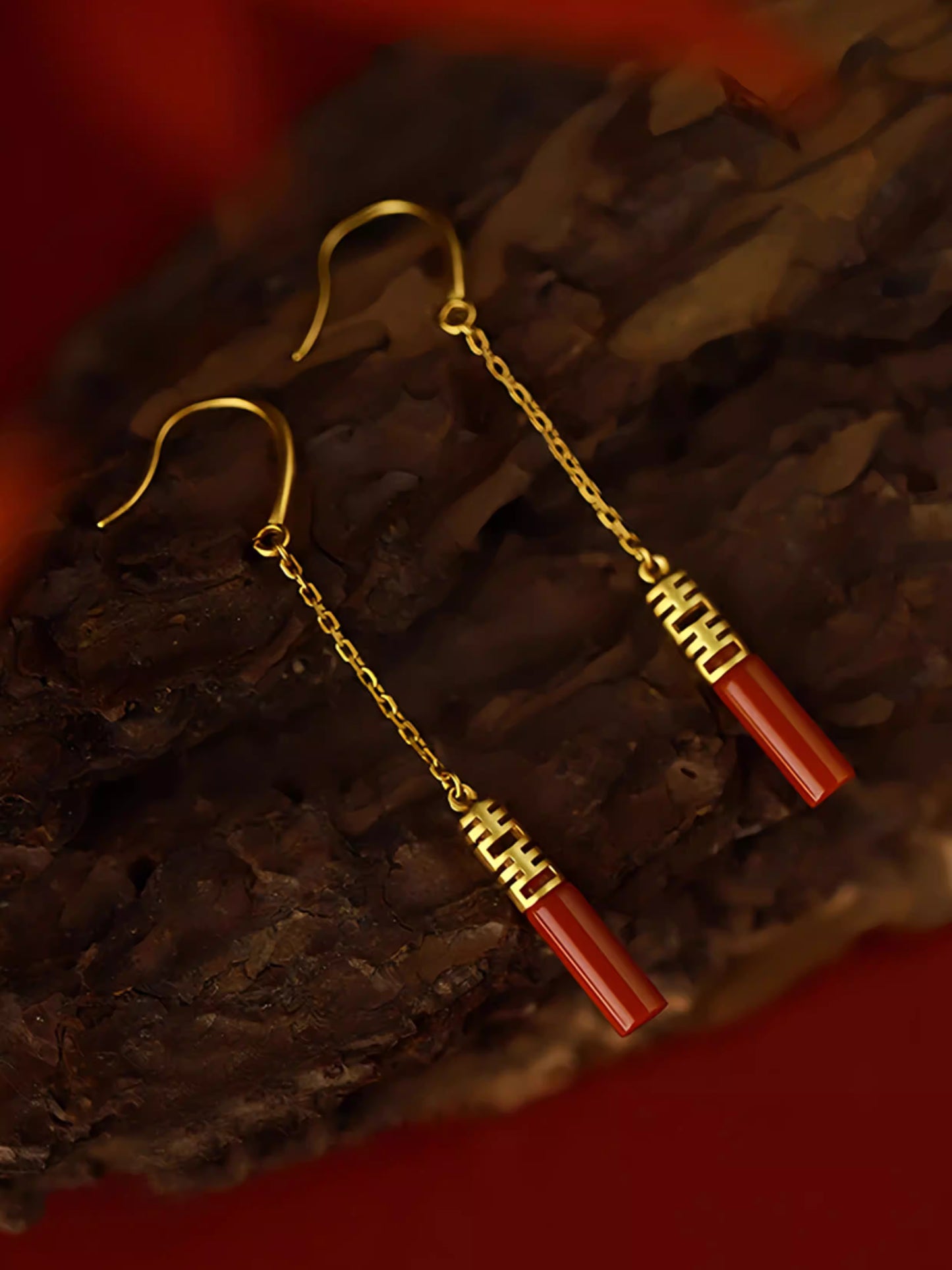 S925 Gold Plated Silver Red Agate Double Happiness Earrings – Chinese Wedding Xi Symbol Hollow Carved Hook Earrings for Women