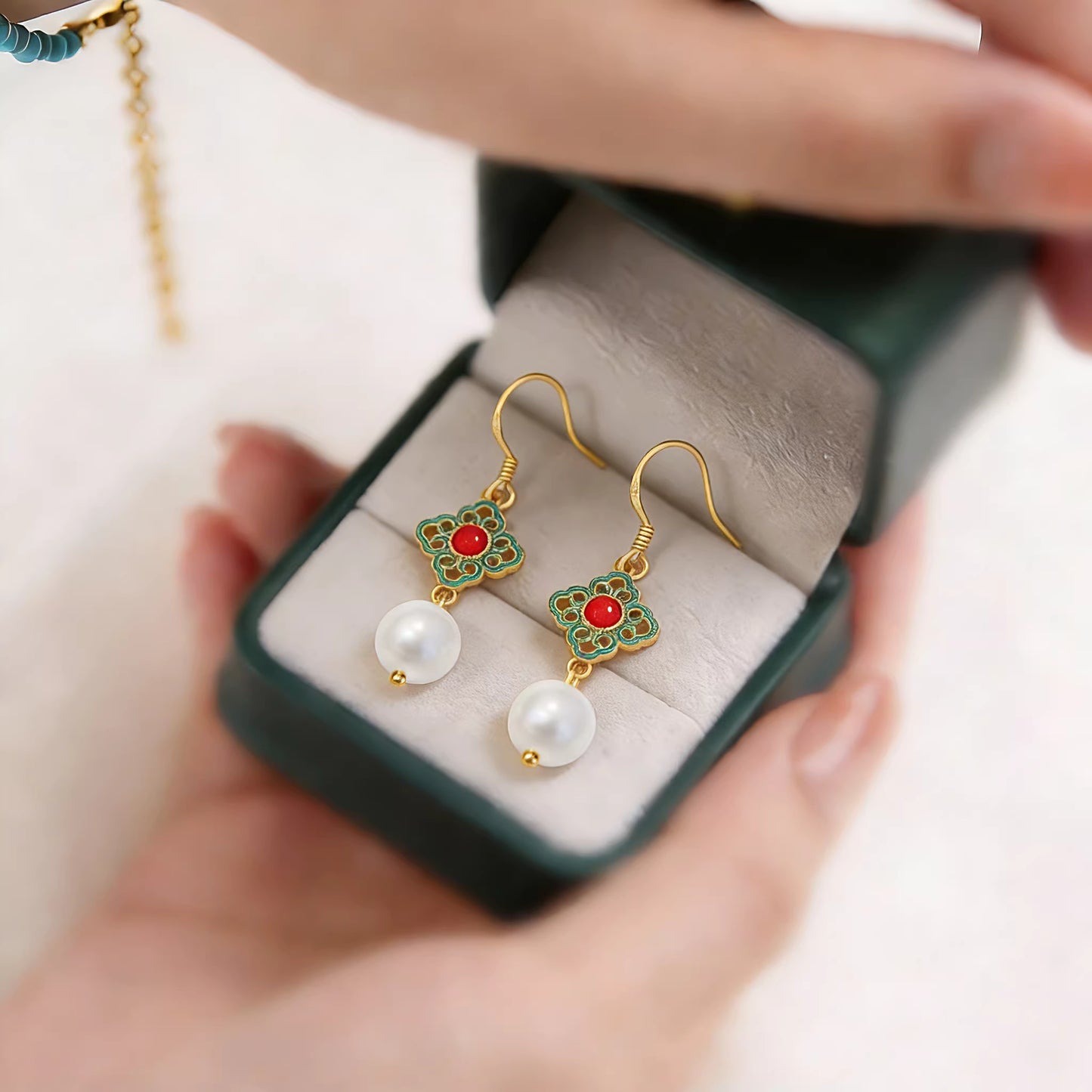 Gilded Filigree Four-Leaf Enamel Pearl Earrings – Red & Turquoise Accents, Chinese Vintage Style, Elegant Dangle Earrings for Women