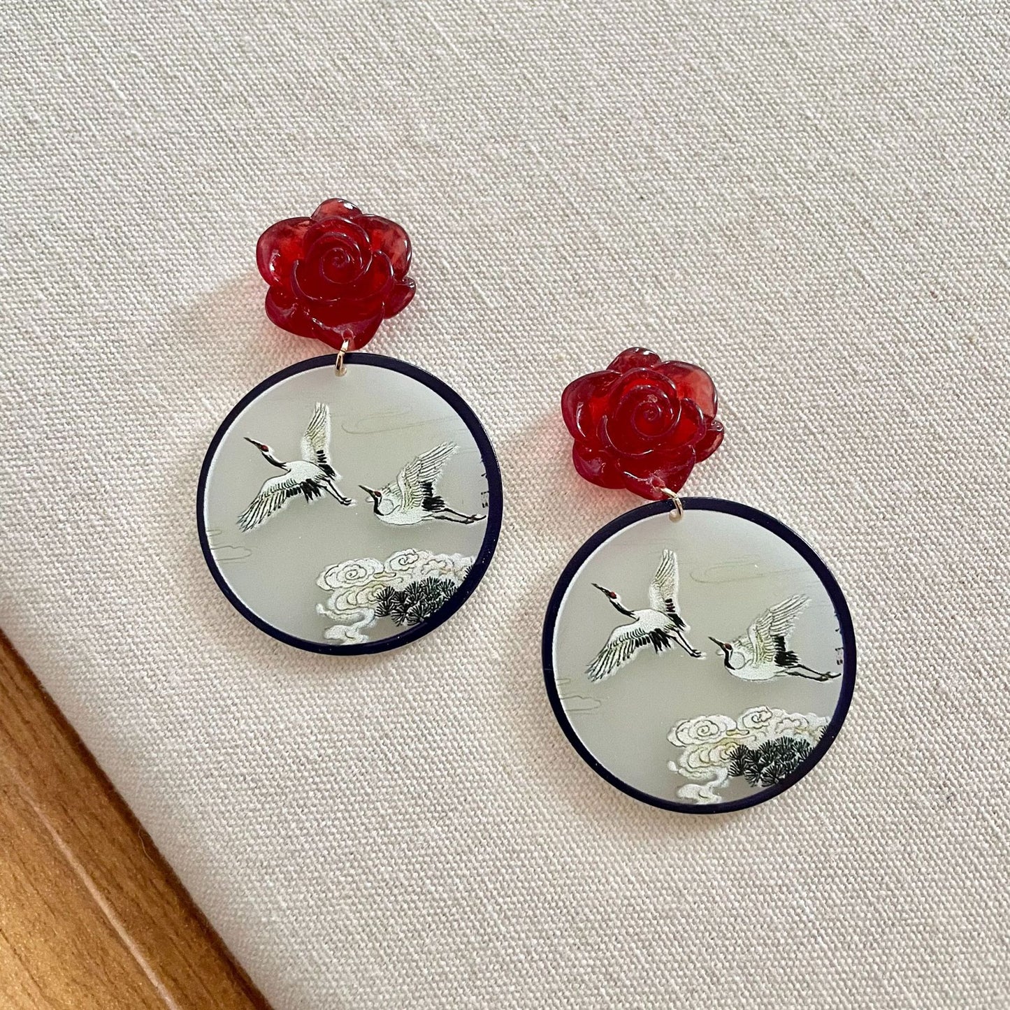 Chinese rose ink painting Crane earrings