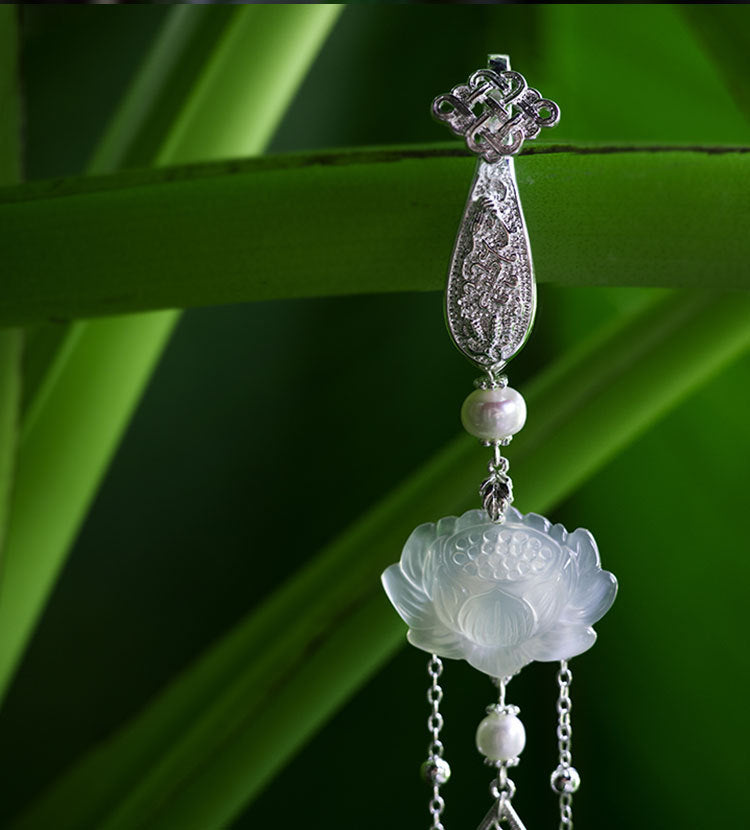 Ice Lotus Natural White Agate Lotus Long Tassel with Qipao Pressed Front