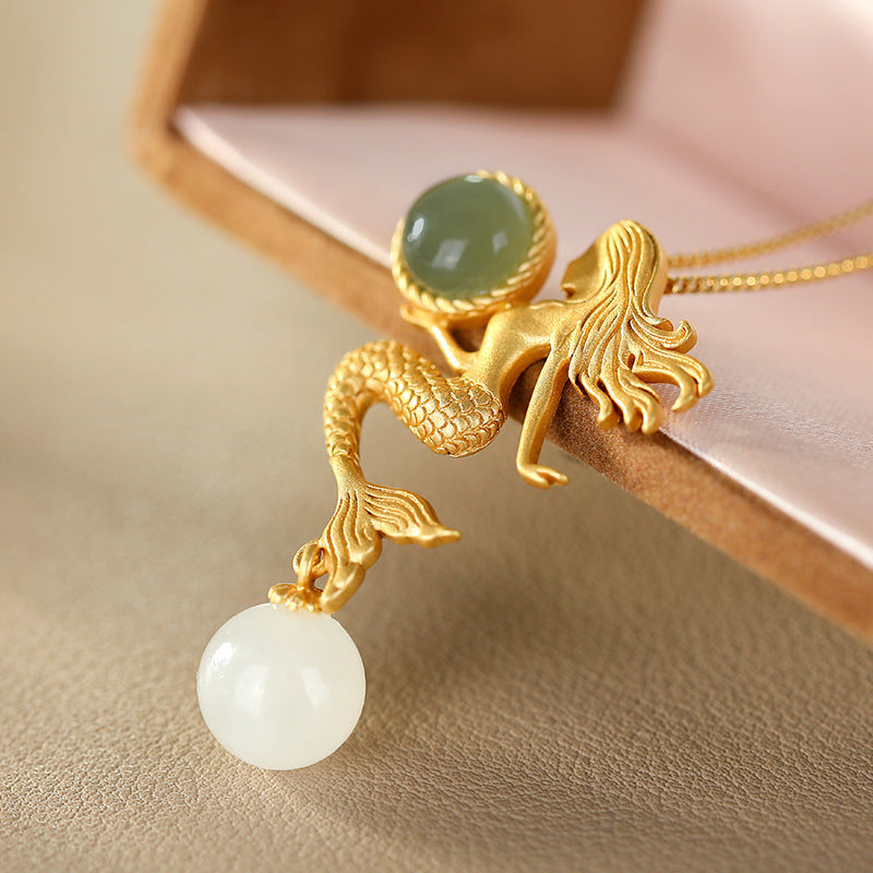 Mermaid Sapphire and Hetian Jade Pendant - Sterling Silver