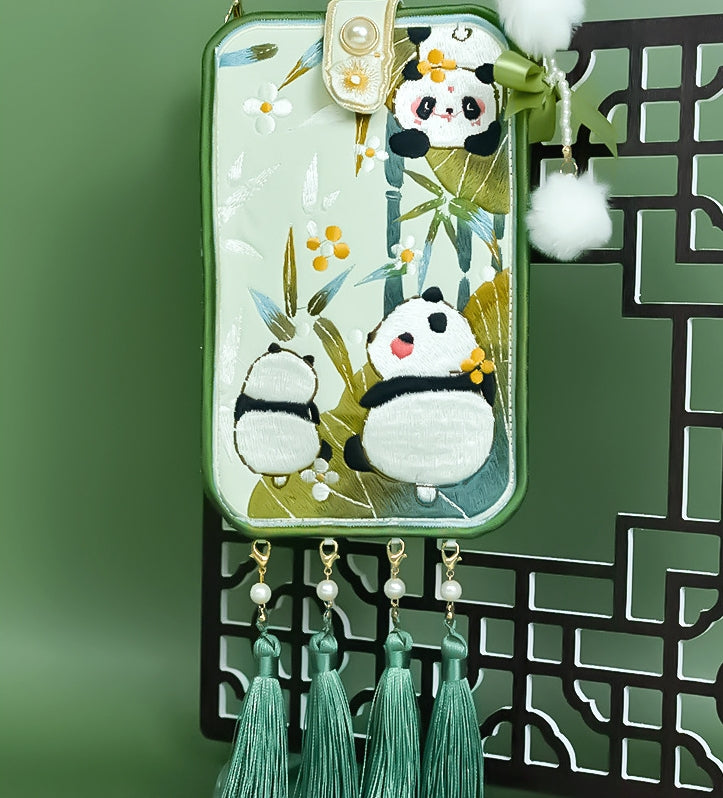 Chinoiserie style original antique embroidery Han suit Panda pearl chain tassel mobile phone bag