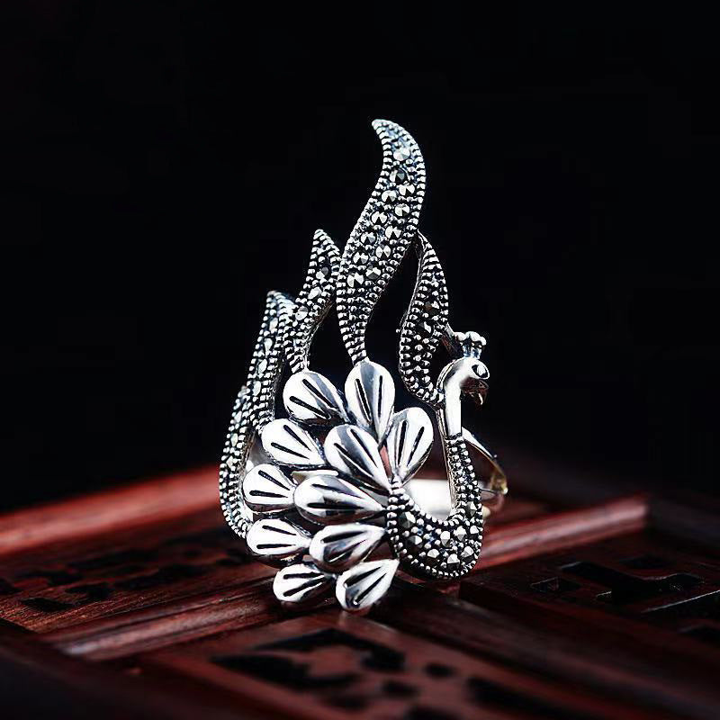Peacock Hollow Open Screen Feather Vintage Ring-Sterling silver