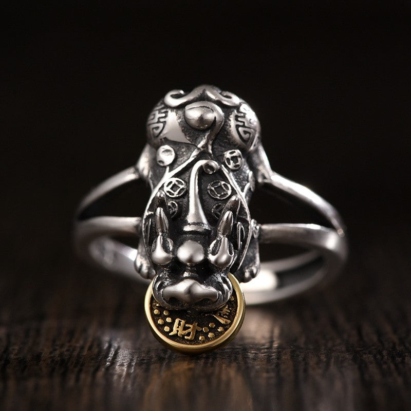 Pixiu Bite Copper Coin Ring-Sterling silver