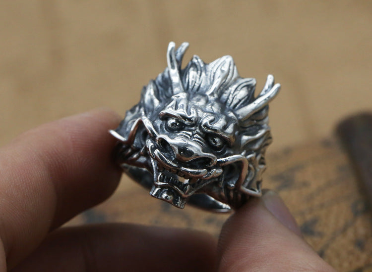 Chinese dragon head opening ring-Sterling silver