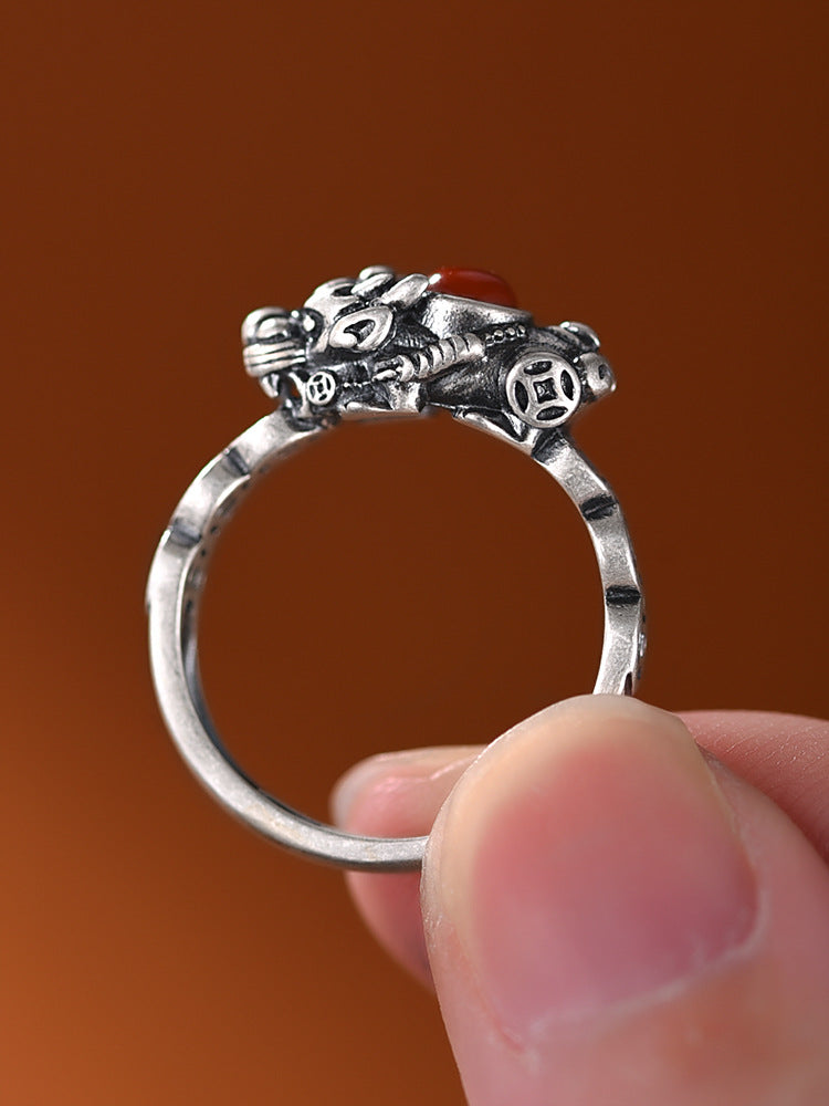 Pixiu Ruby Copper Coin Open Ring-Sterling silver