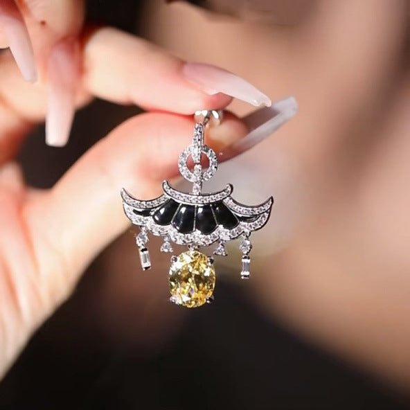 National Style Design Black Roof Contrast Yellow Zircon Tassel Earrings