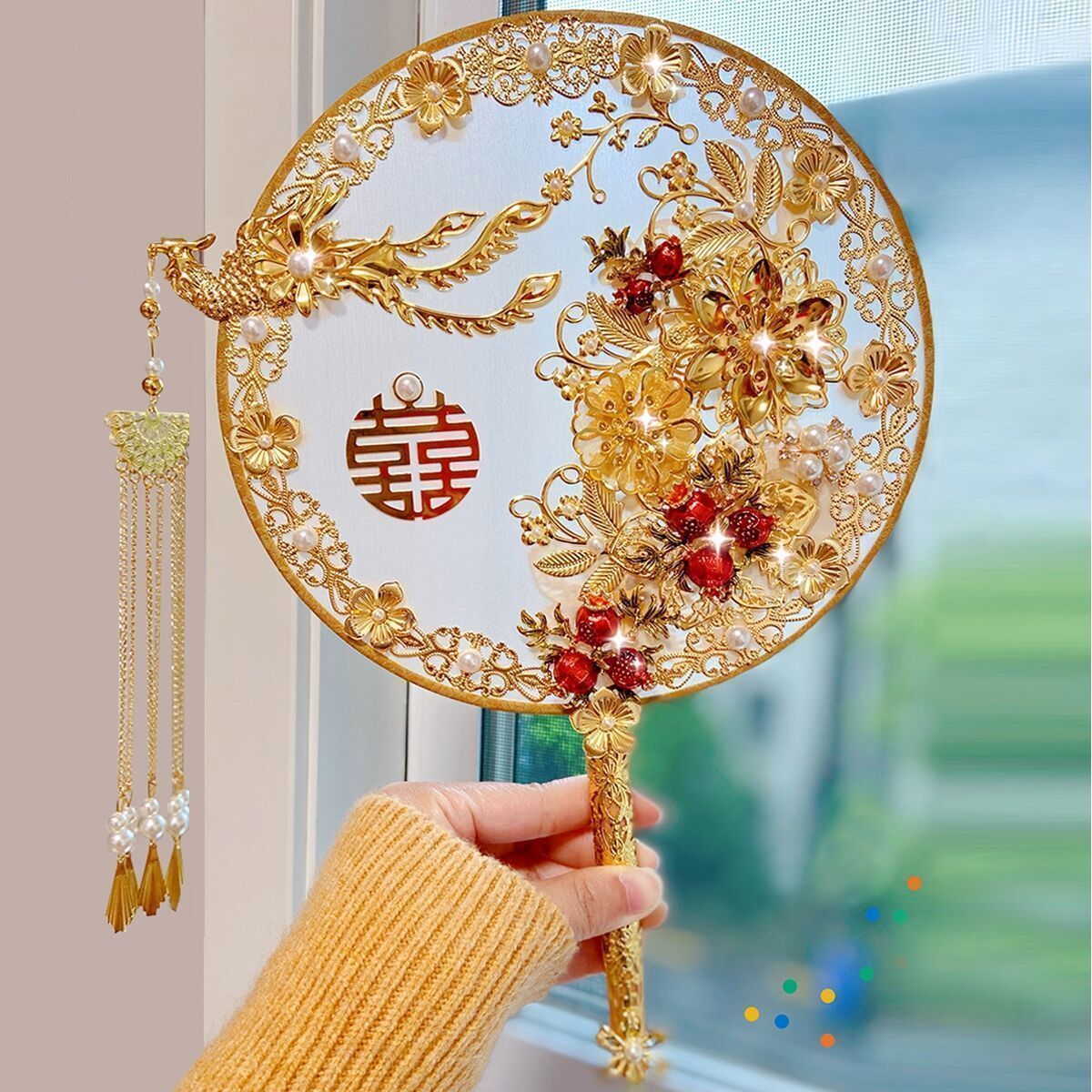 Phoenix Flower Double Happiness Tassel Wedding Chinese Style Fan