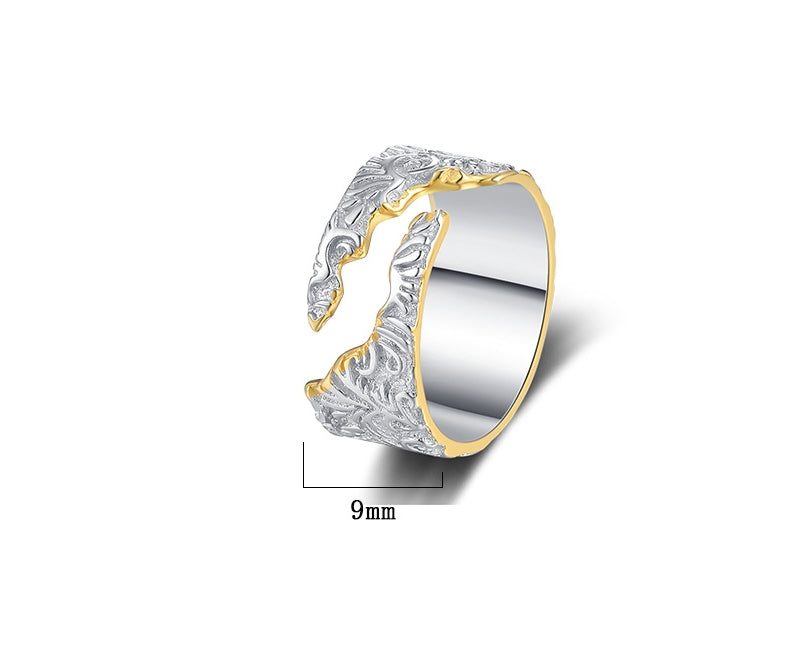 Irregular Tang Grass Textured Gold and Silver Contrast Ring-Sterling Silver