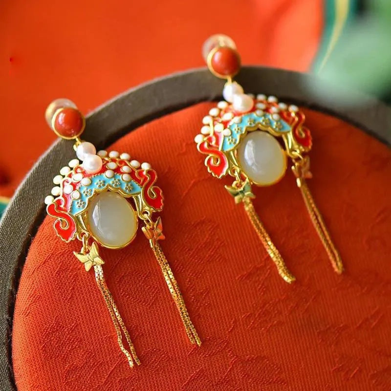 Hotan Jade Peking Opera Mask Pearl South Red Agate Tassel Earrings - Sterling Silver