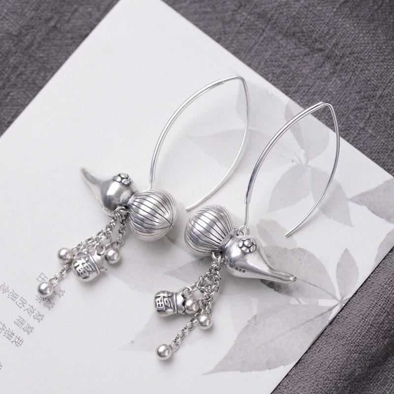 Copper gourd tassel long Chinese vintage style earrings