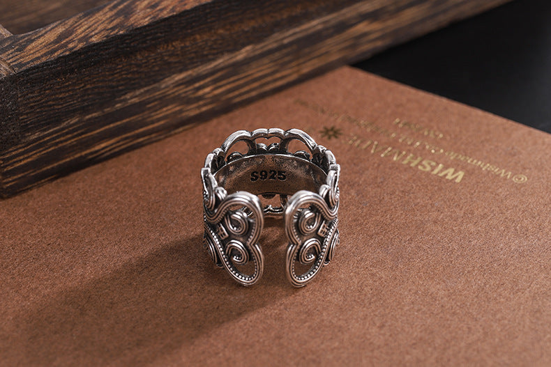 Ethnic Mongolian Pattern Wide Faced Hollow Black Zircon Ring (Adjustable Opening)