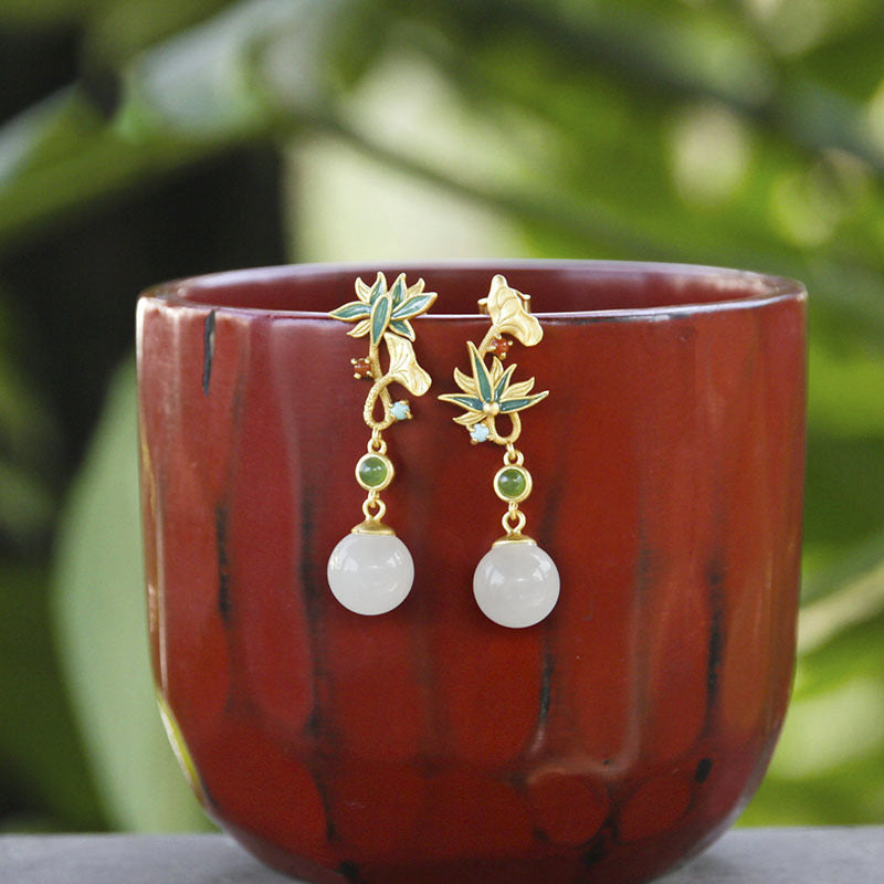 Hetian jade enamel lotus turquoise asymmetrical earrings - sterling silver
