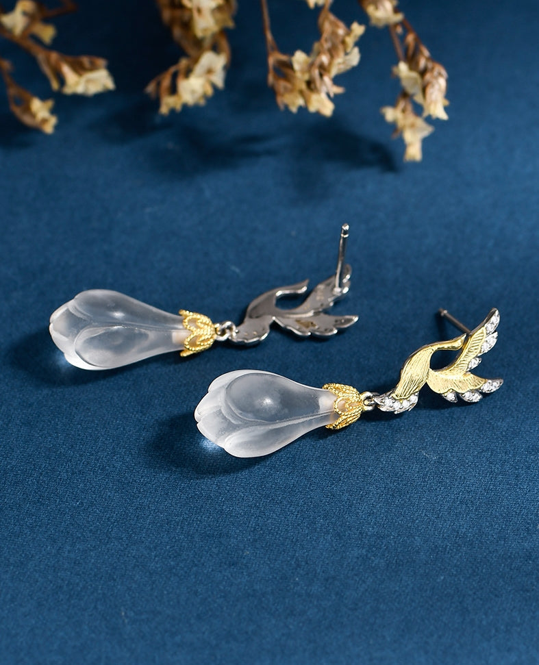 Chinese Phoenix Magnolia Crystal Long Earrings
