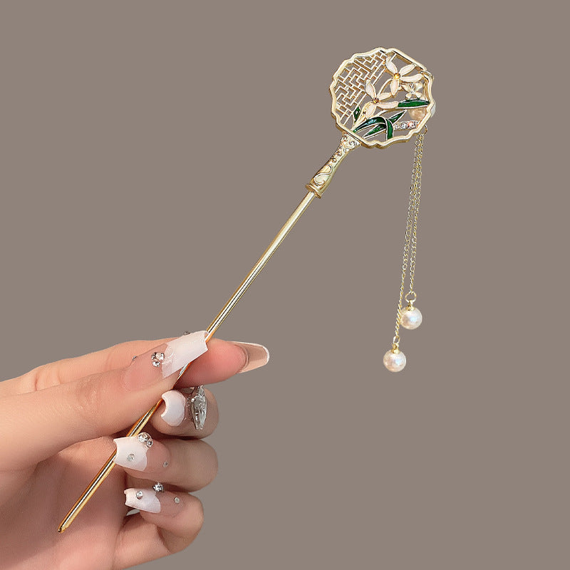 Fan Orchid Pearl Tassel Ancient Style Hairpin