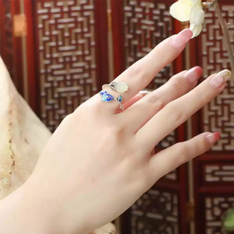Handcrafted Magnolia Blossom Ring in 925 Sterling Silver Hetian Jade – Vintage Chinese Cloisonné Enamel Adjustable Ring