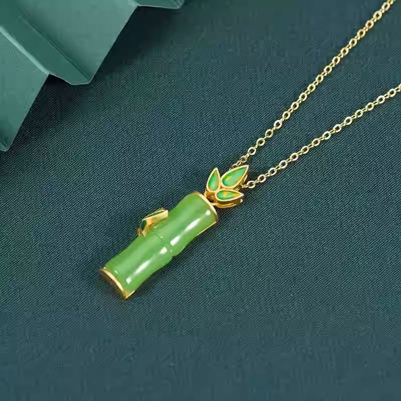 Original Chinese Style Hetian Jade Bamboo Pendant with Gold Enamel – 36×9mm, 4.3g, White & Green, Versatile Collarbone Necklace for Women
