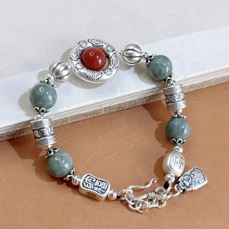Handmade Jade Fish Pattern Bracelet with Red Garnet and 999 Silver – Adjustable Feng Shui Lucky Charm Jewelry