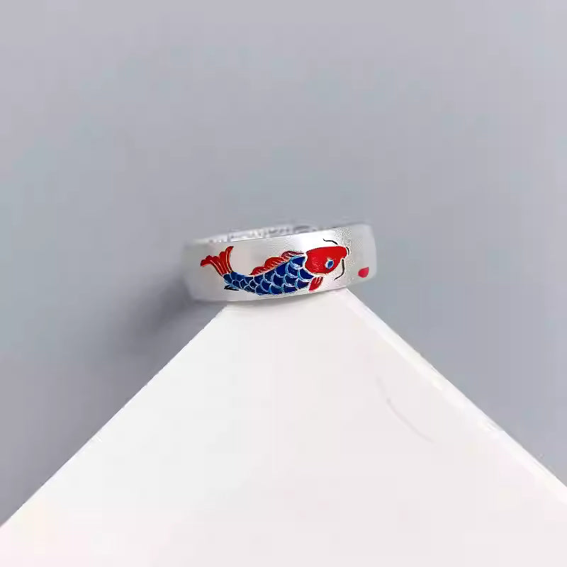 Red Koi Fish Ring – 999 Pure Silver Wide Band Adjustable Ring for Women | Chinese Style Jewelry