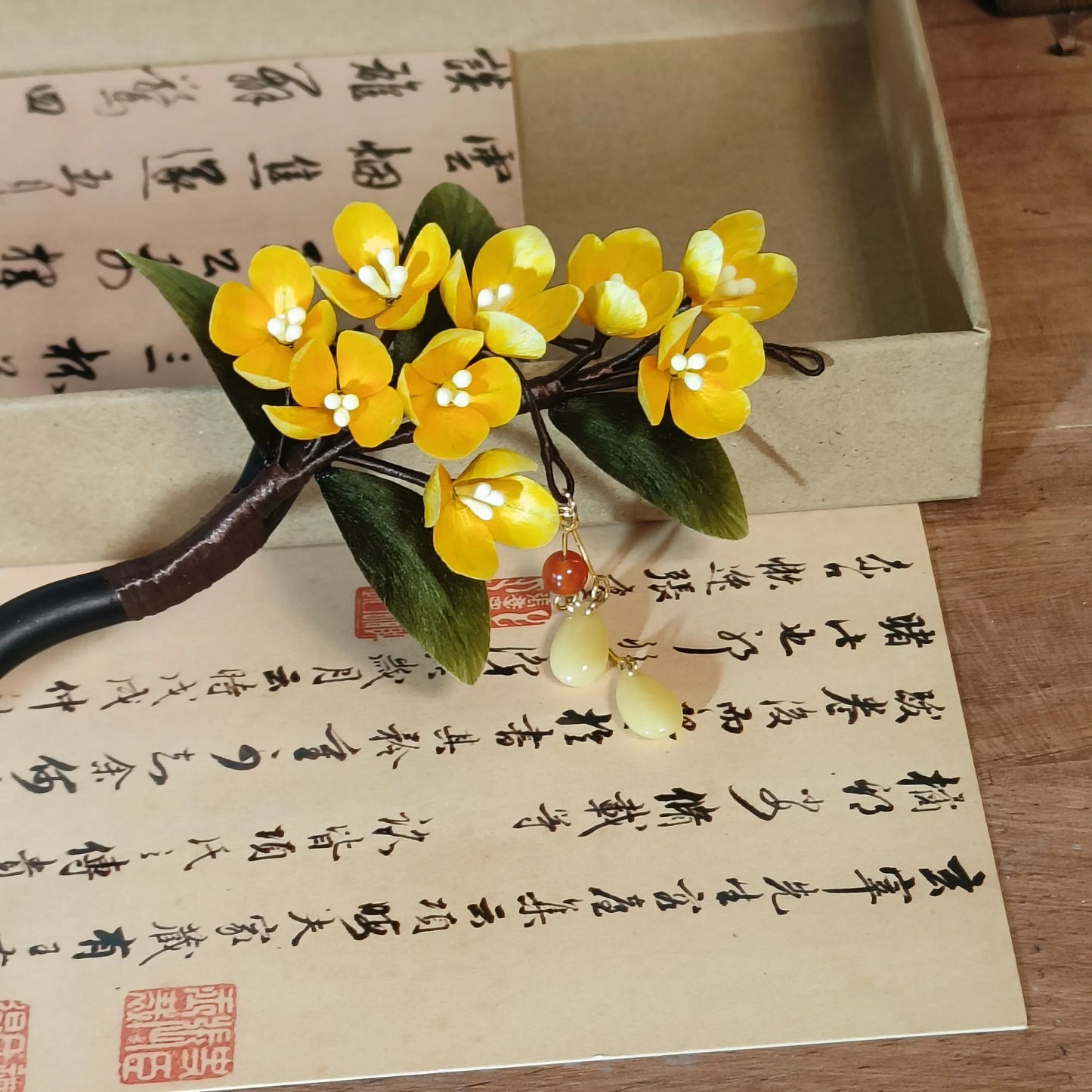 Osmanthus Hairpin | Silk Floral Hair Accessory with Sandalwood Stick for Hanfu & Qipao