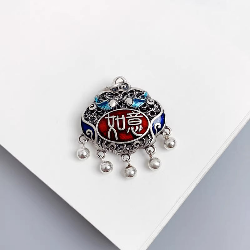 Double Fish Ruyi Peace Lock Pendant Necklace with Tassel – Enamel Feng Shui Charm