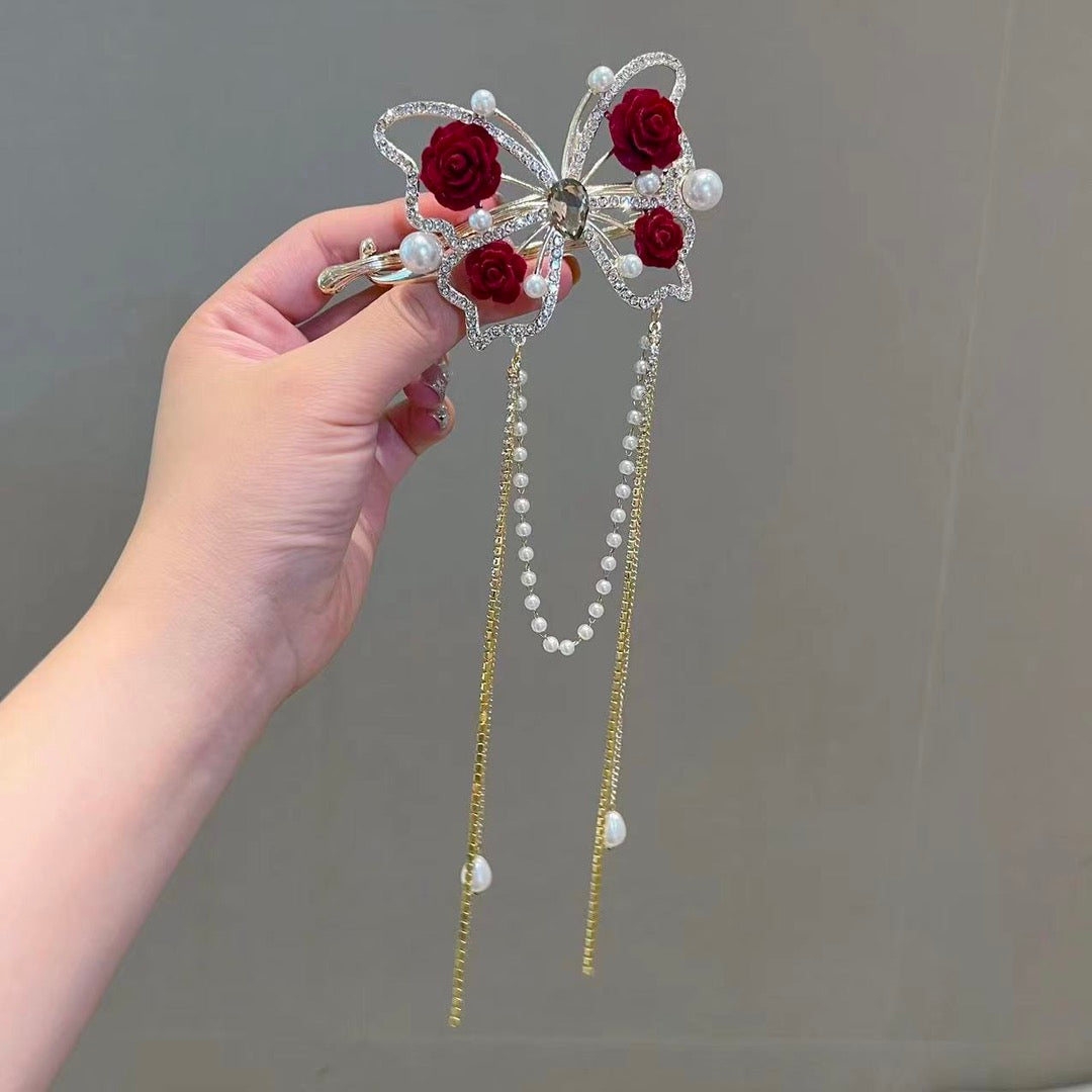 Red Butterfly Pearl Tassel Hairpin