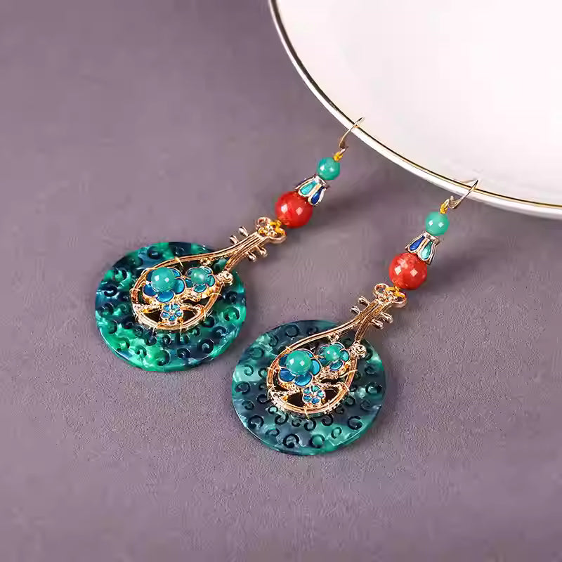 Pipa-Inspired Green Agate Earrings – Statement Ethnic Cloisonné for Qipao