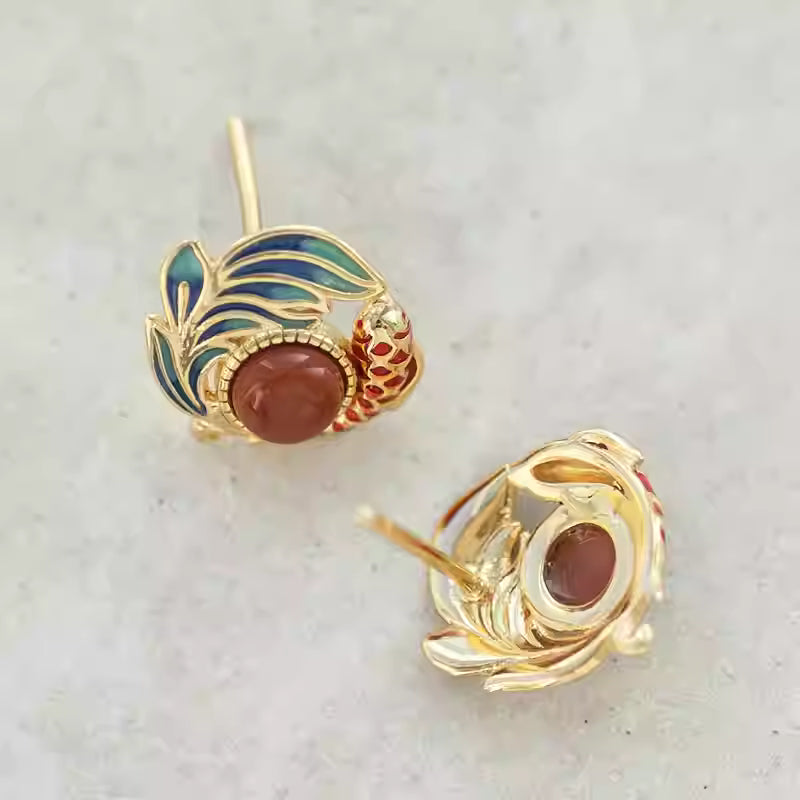 Koi Fish Enamel Stud Earrings – 925 Sterling Silver Gold Plated Earrings with Natural Red Agate | New Chinese Style Jewelry