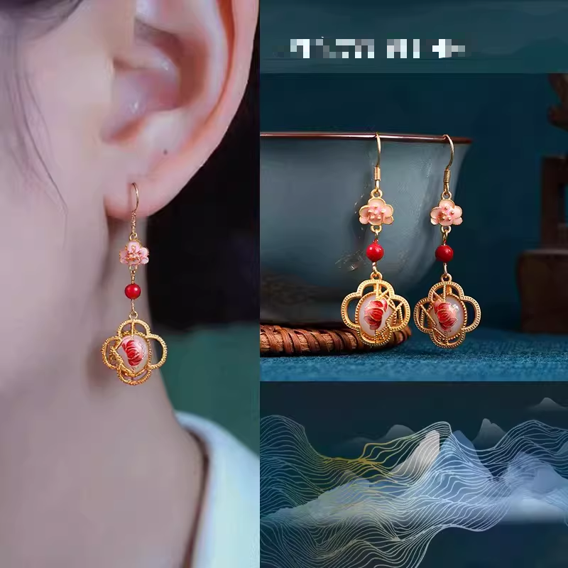 Traditional Chinese Gold-Plated Pink Lotus Earrings – Faux Jade & Enamel, Handmade Vintage Feng Shui Earrings for Women