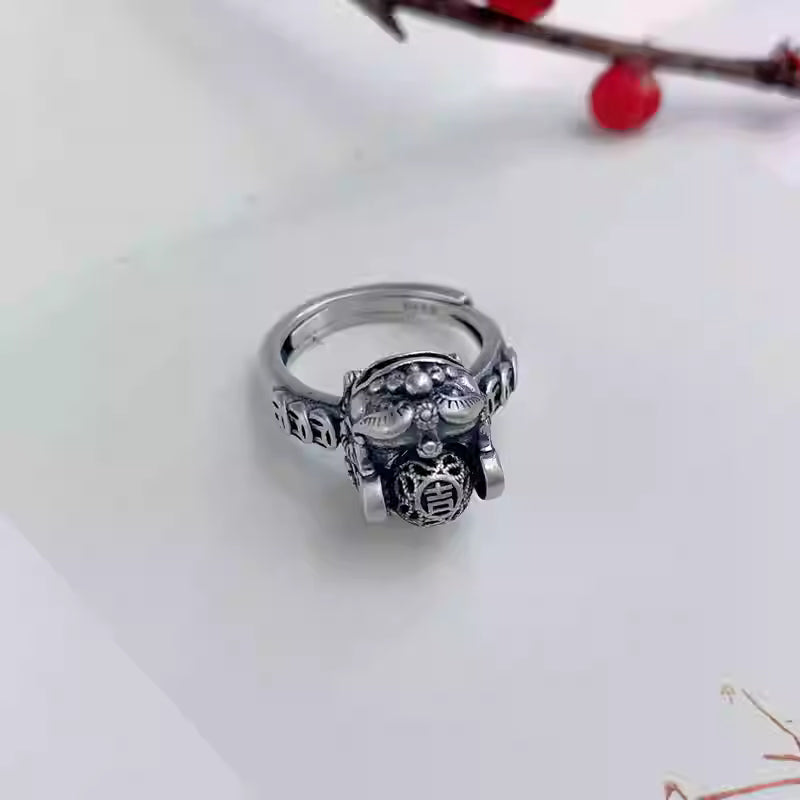 990 Pure Silver Rotating Pi Xiu Ring – Adjustable Open Band Coin Style Ring for Women | Feng Shui Jewelry