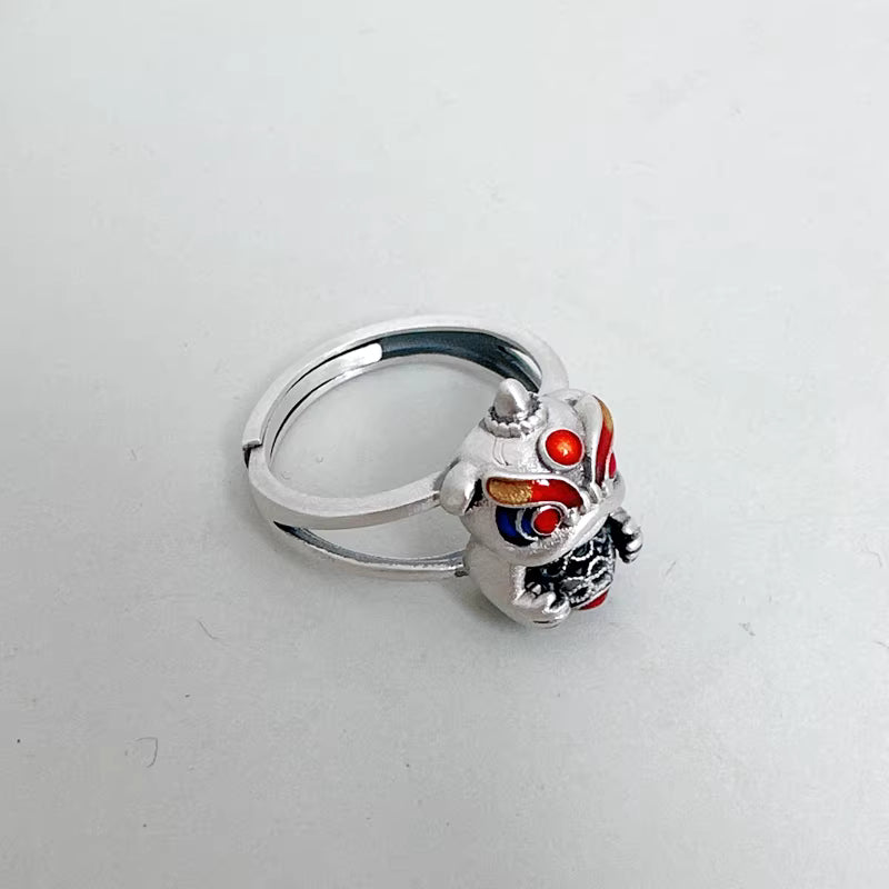 Rotating Lion Dance Ring – Adjustable Open Red Enamel Spinner Ring, Chinese Style Lucky Jewelry for Women