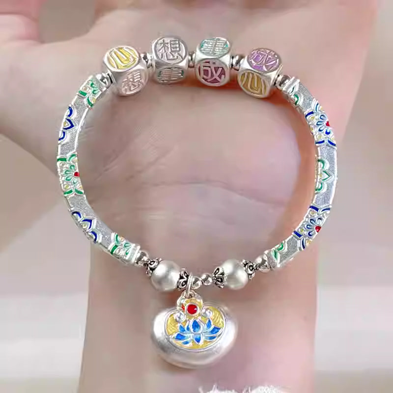 999 Pure Silver Enamel Flower Bracelet – Adjustable Curved Tube Hand Chain for Women | Wish Fulfillment Jewelry