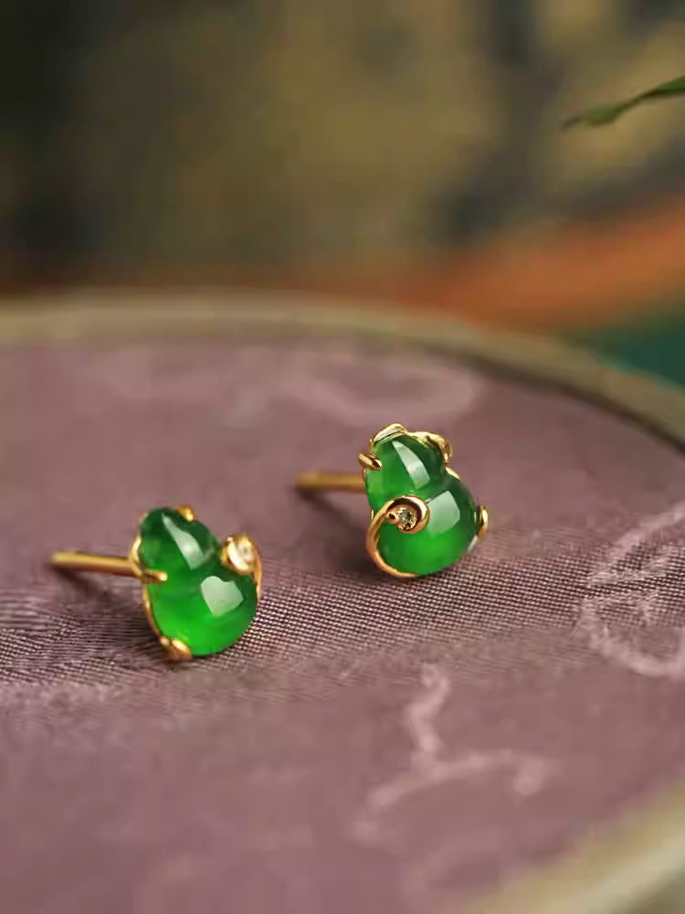 S925 Gold-Plated Silver Jade Gourd Stud Earrings – Natural Green Jade Ear Jewelry for Women, Chinese New Year Gift