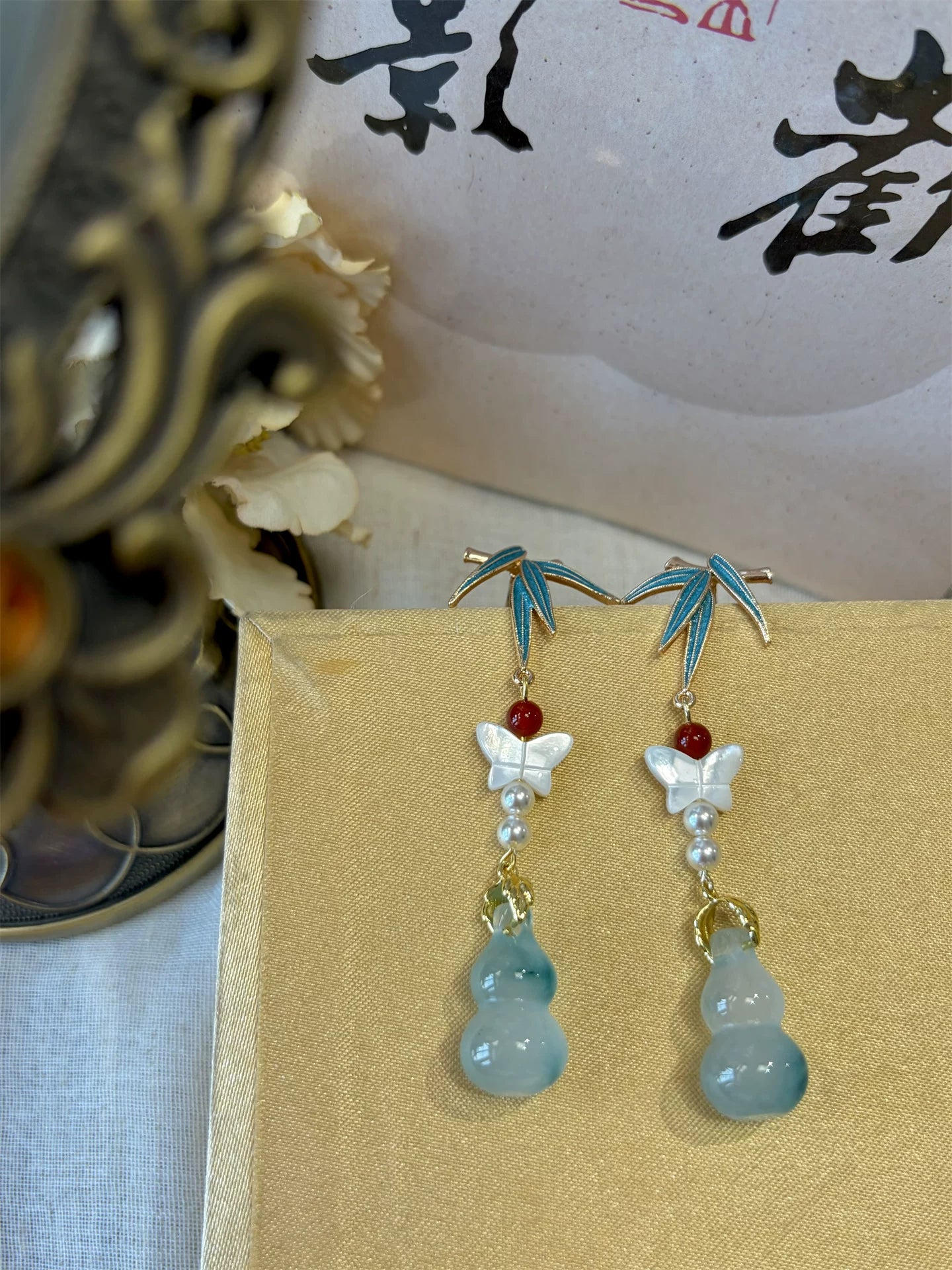 Mother-of-Pearl Butterfly & Blue Gourd Tassel Earrings – Elegant Handcrafted Statement Earrings for Women