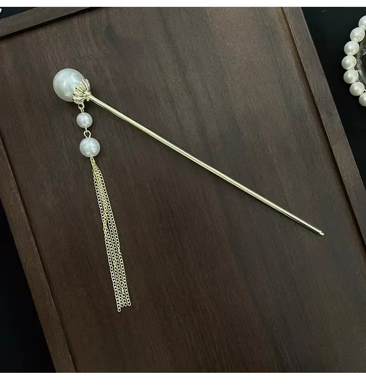 Chinese Butterfly Pearl Hairpin with Long Tassels – Gold Czech Crystal Elegant Updo Hair Accessory for Women