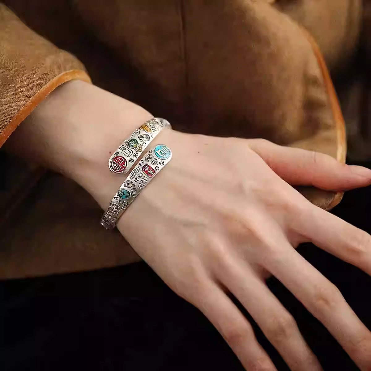 Tibetan Silver Auspicious Enamel Bangle – Ethnic Blessing “Fu Shun” Bracelet Gift for Women