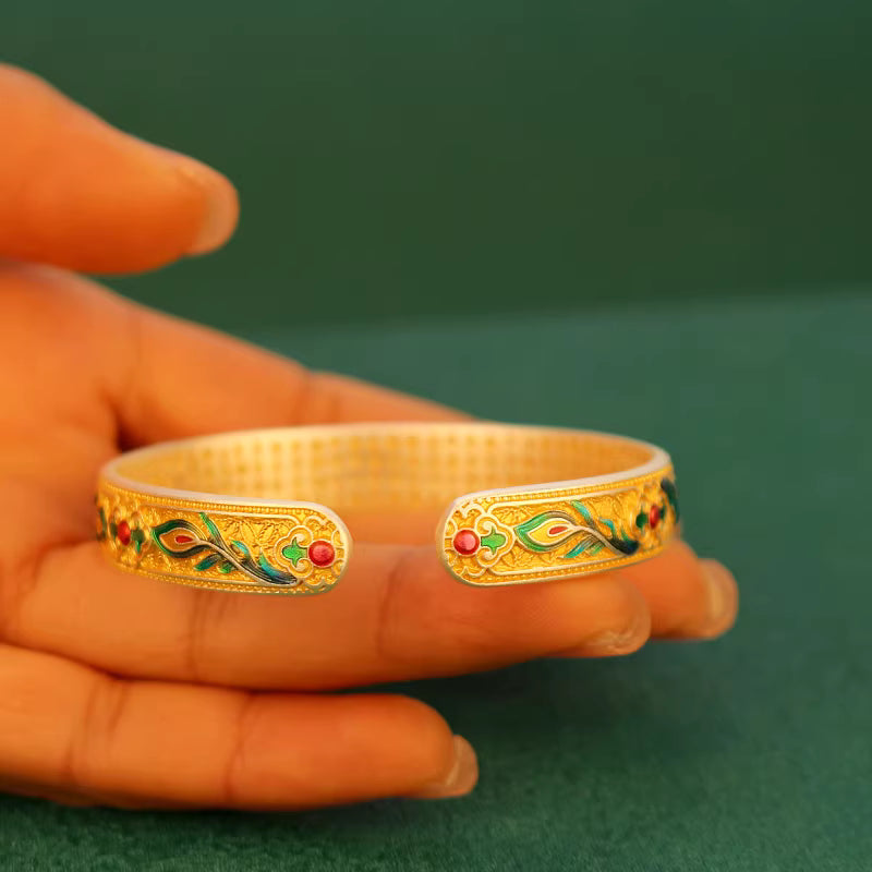 9999 Fine Silver Enamel Phoenix Feather Heart Sutra Bangle – Adjustable Solid Silver Bracelet for Women