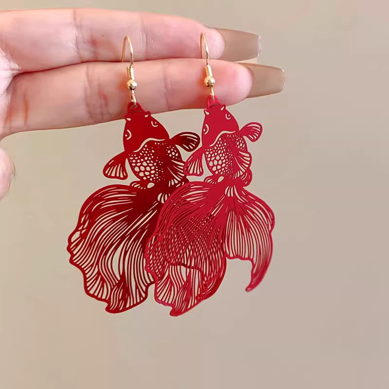 Lucky Red Koi Fish Earrings – Chinese Style Paper-Cut Inspired Jewelry for Festive Occasions and Weddings