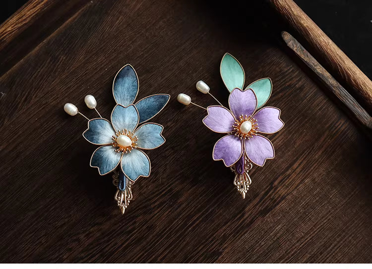 Handcrafted Blue & Purple Velvet Flower Side Hairpin | Chinese Hanfu & Qipao Hair Accessory, Alloy & Cloisonné Silk