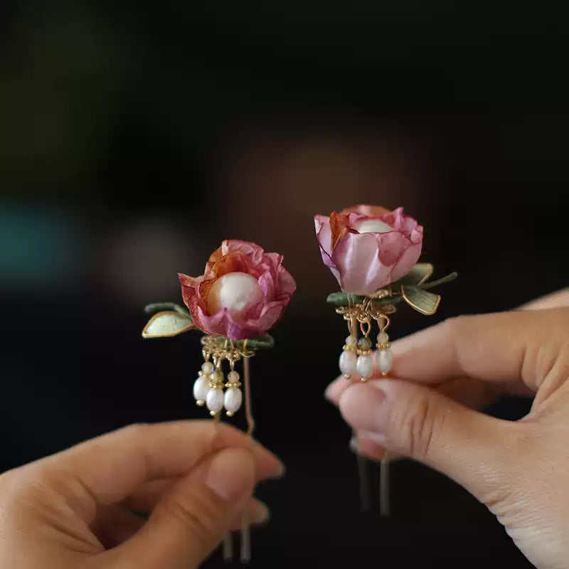 Handmade Silk Flower Pearl Tassel Chinese Hairpin - Traditional Hanfu Hair Accessory