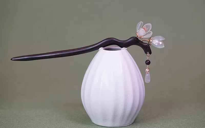 Ancient Chinese Style Xiuyu Magnolia Hairpin – Ebony Wood with Garnet Beads and Xiuyu Pendant