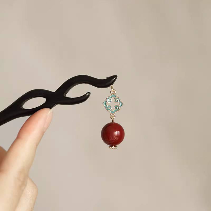 Original Chinese Ebony Wood Hairpin & Pendant with Cinnabar Inlay – Oriental Calming Amulet Jewelry